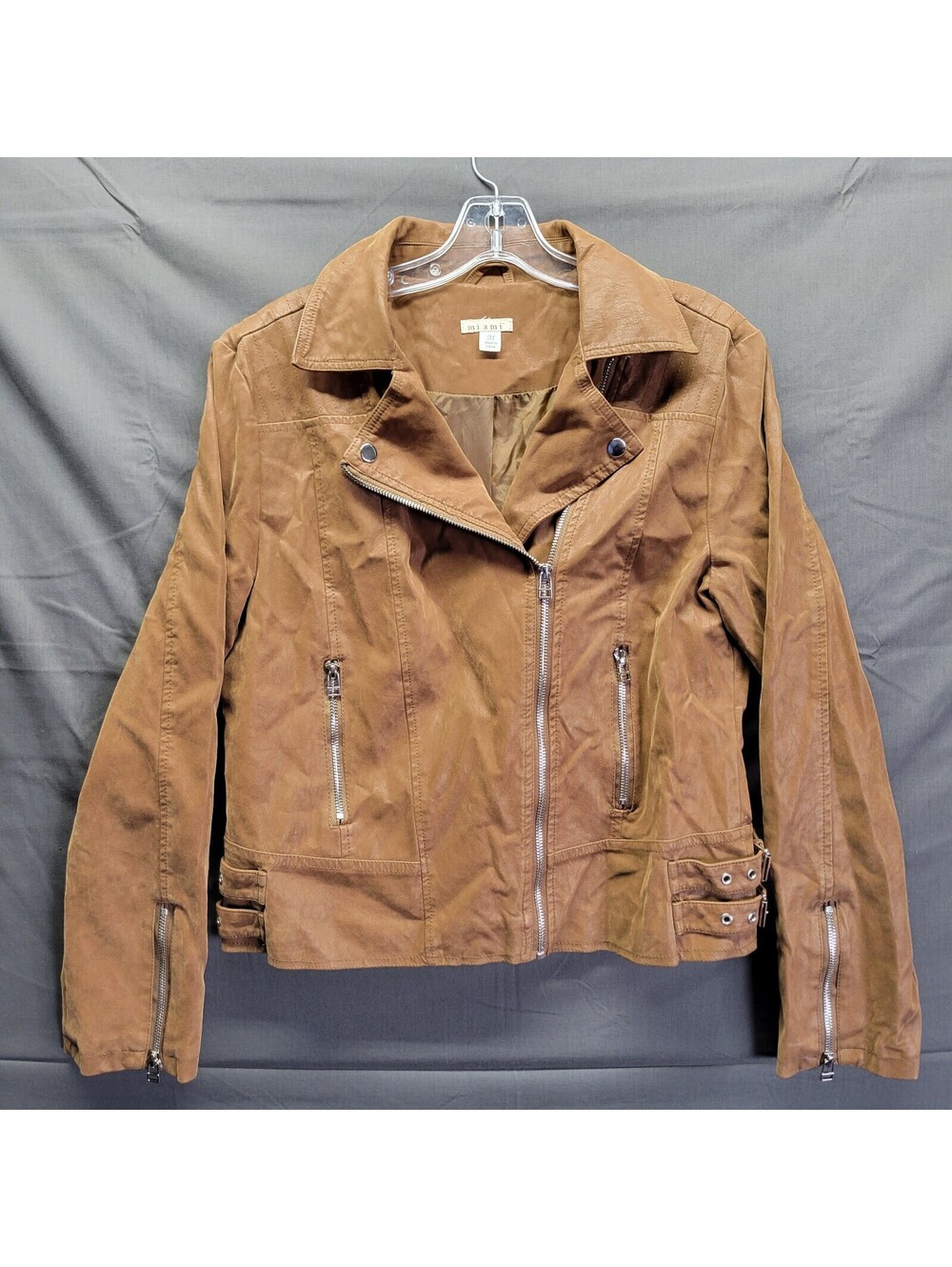 Miami Womens Jacket Blazer Sz M Brown Faux Leather Zippers Pockets Moto Biker